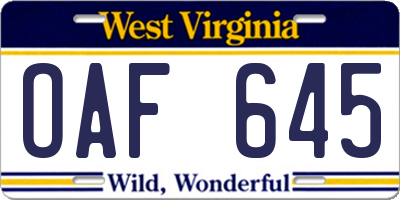 WV license plate OAF645