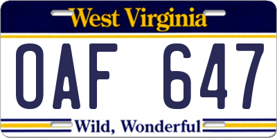 WV license plate OAF647