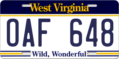 WV license plate OAF648