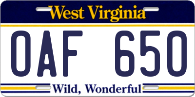 WV license plate OAF650