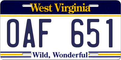 WV license plate OAF651