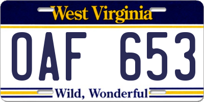 WV license plate OAF653