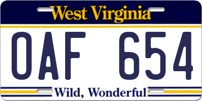 WV license plate OAF654