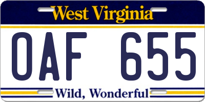 WV license plate OAF655