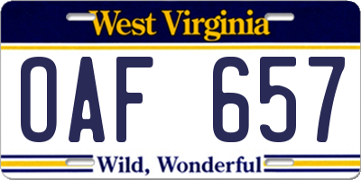 WV license plate OAF657