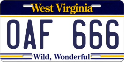 WV license plate OAF666