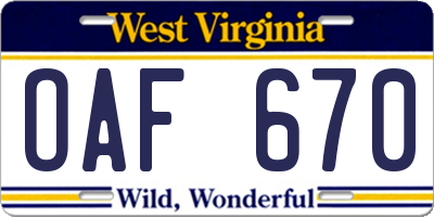 WV license plate OAF670