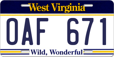 WV license plate OAF671