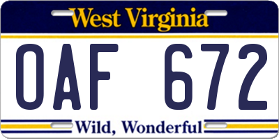 WV license plate OAF672