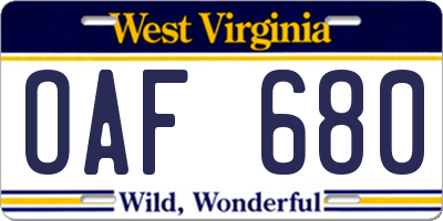 WV license plate OAF680