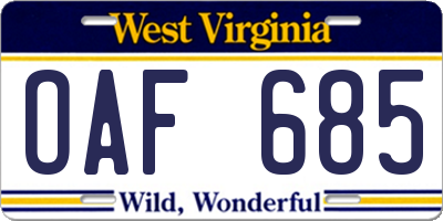 WV license plate OAF685