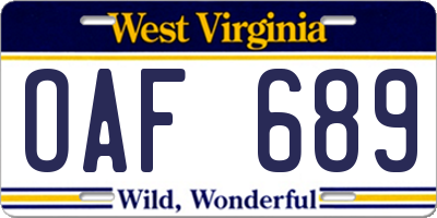 WV license plate OAF689