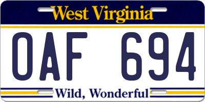 WV license plate OAF694