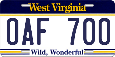 WV license plate OAF700