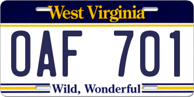WV license plate OAF701