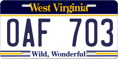 WV license plate OAF703