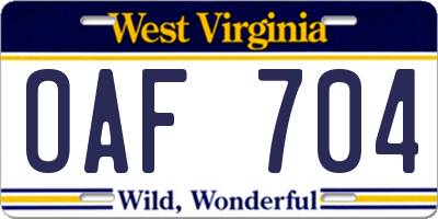 WV license plate OAF704