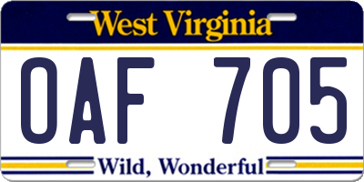WV license plate OAF705