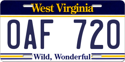 WV license plate OAF720