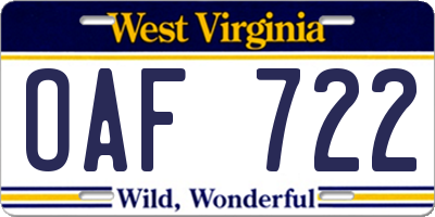 WV license plate OAF722