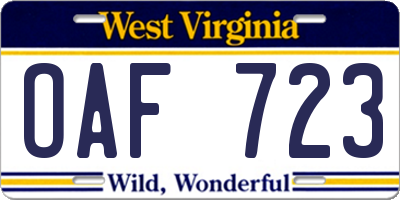 WV license plate OAF723