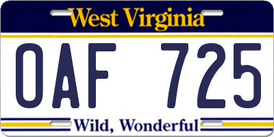 WV license plate OAF725