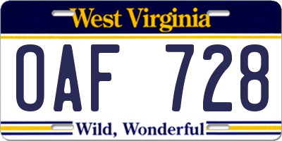 WV license plate OAF728