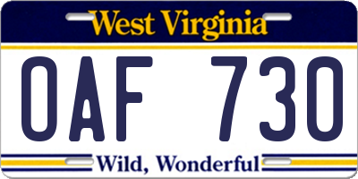 WV license plate OAF730