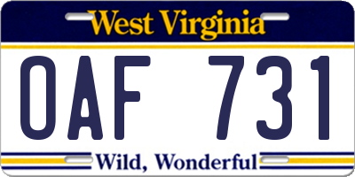 WV license plate OAF731