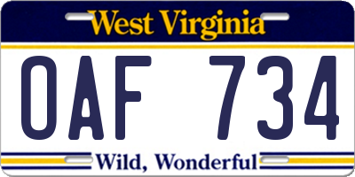 WV license plate OAF734