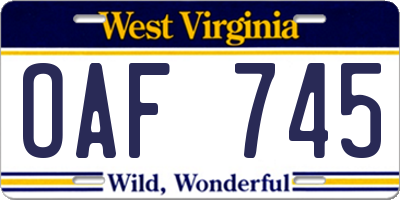 WV license plate OAF745
