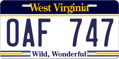 WV license plate OAF747