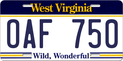 WV license plate OAF750