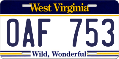 WV license plate OAF753