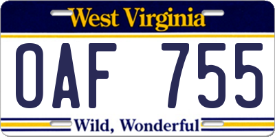 WV license plate OAF755