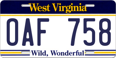 WV license plate OAF758