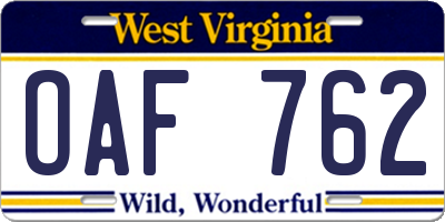 WV license plate OAF762