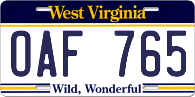 WV license plate OAF765