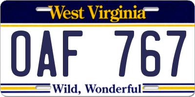WV license plate OAF767