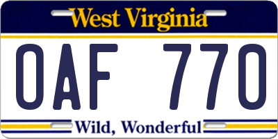 WV license plate OAF770