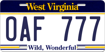 WV license plate OAF777