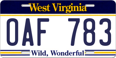WV license plate OAF783