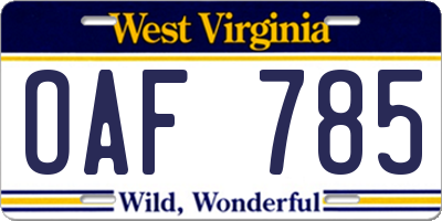 WV license plate OAF785