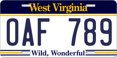 WV license plate OAF789