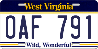 WV license plate OAF791