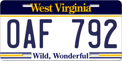 WV license plate OAF792
