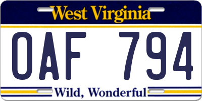 WV license plate OAF794