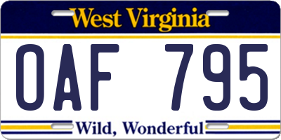 WV license plate OAF795