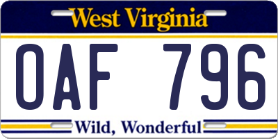 WV license plate OAF796