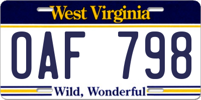 WV license plate OAF798
